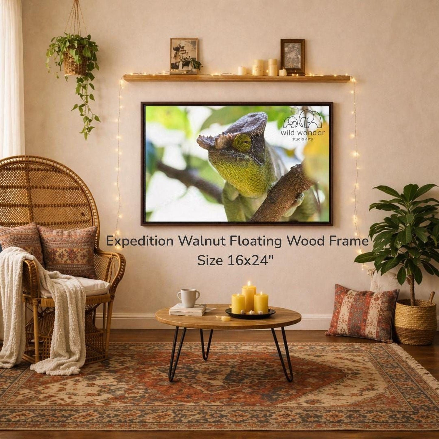 a living room with a large 16x24" walnut floating wood frame hanging on the wall, a wicker chair, a coffee table with candles, and a potted plant.