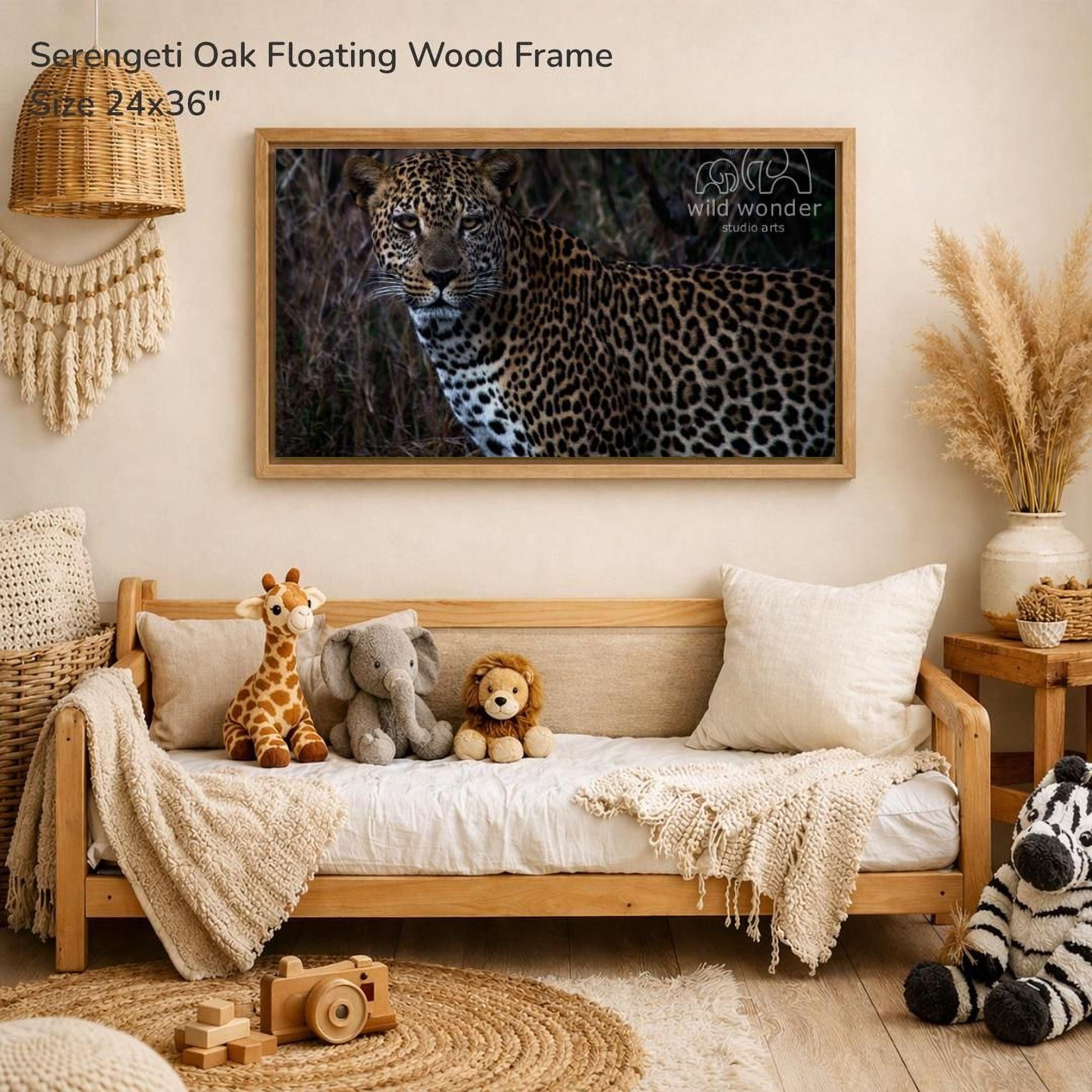 a serene indoor setting with a large framed photograph of a leopard resting on a tree branch hanging on the wall. The leopard's distinctive spotted coat is the focal point of the image. The photograph is surrounded by various stuffed animals, including a giraffe, an elephant, and a lion, creating a cozy and playful atmosphere. The overall scene is a harmonious blend of nature and childhood nostalgia.