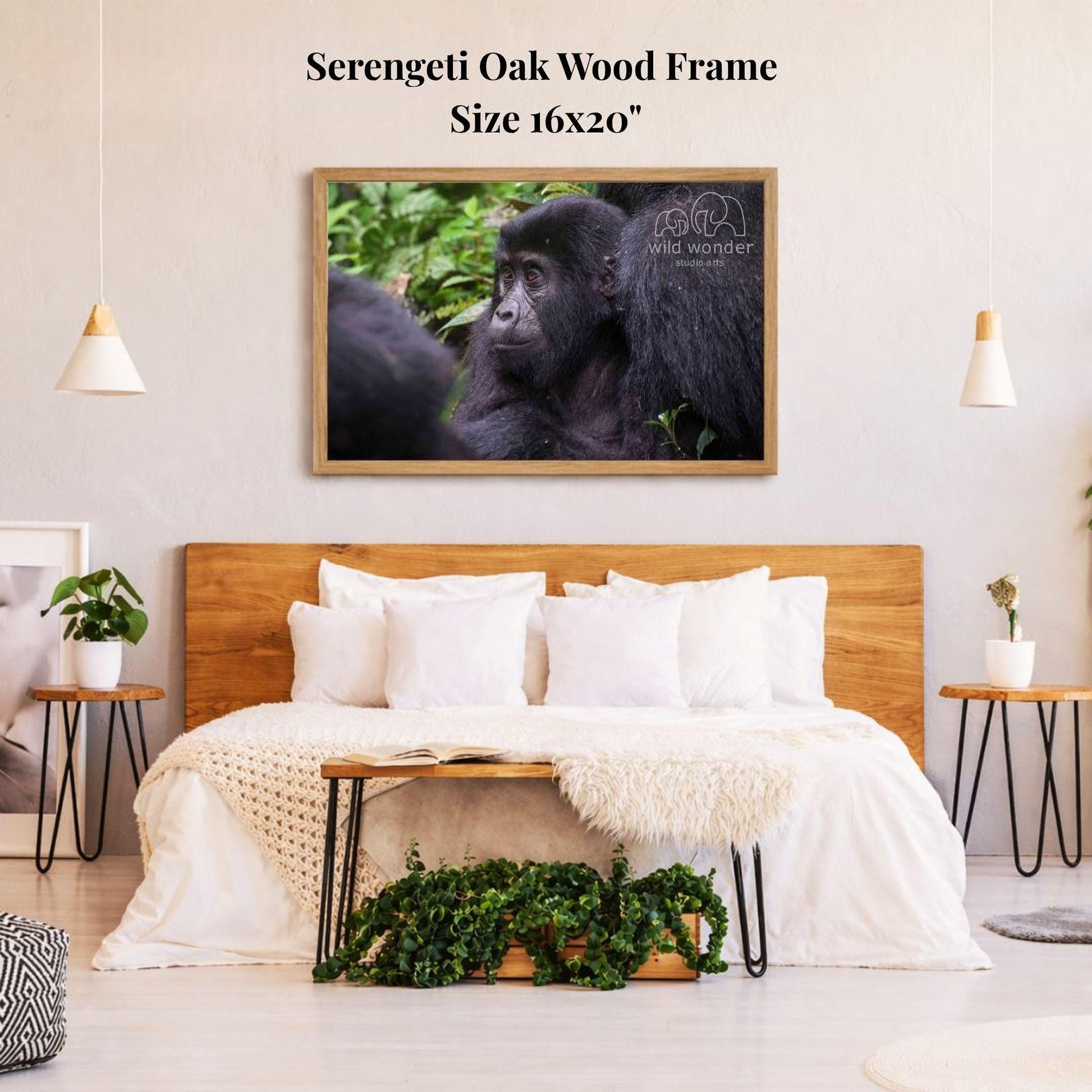 a bedroom with a large wooden headboard and a framed photograph of a gorilla on the wall above it. The bedroom has a white bedding and a wooden nightstand on each side of the bed. There are also two potted plants and a rug on the floor.