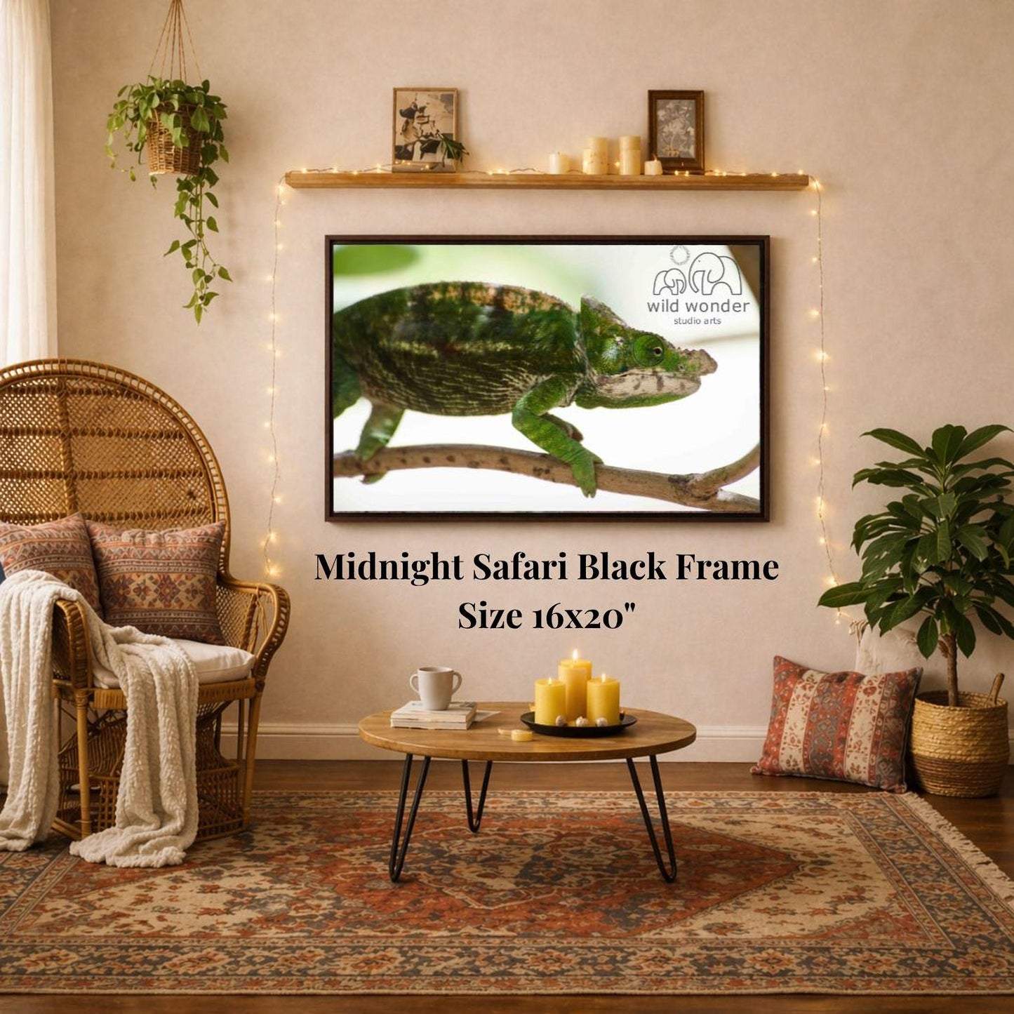 a living room with a large framed photograph of a chameleon on the wall, a wicker chair, a coffee table, and a potted plant.