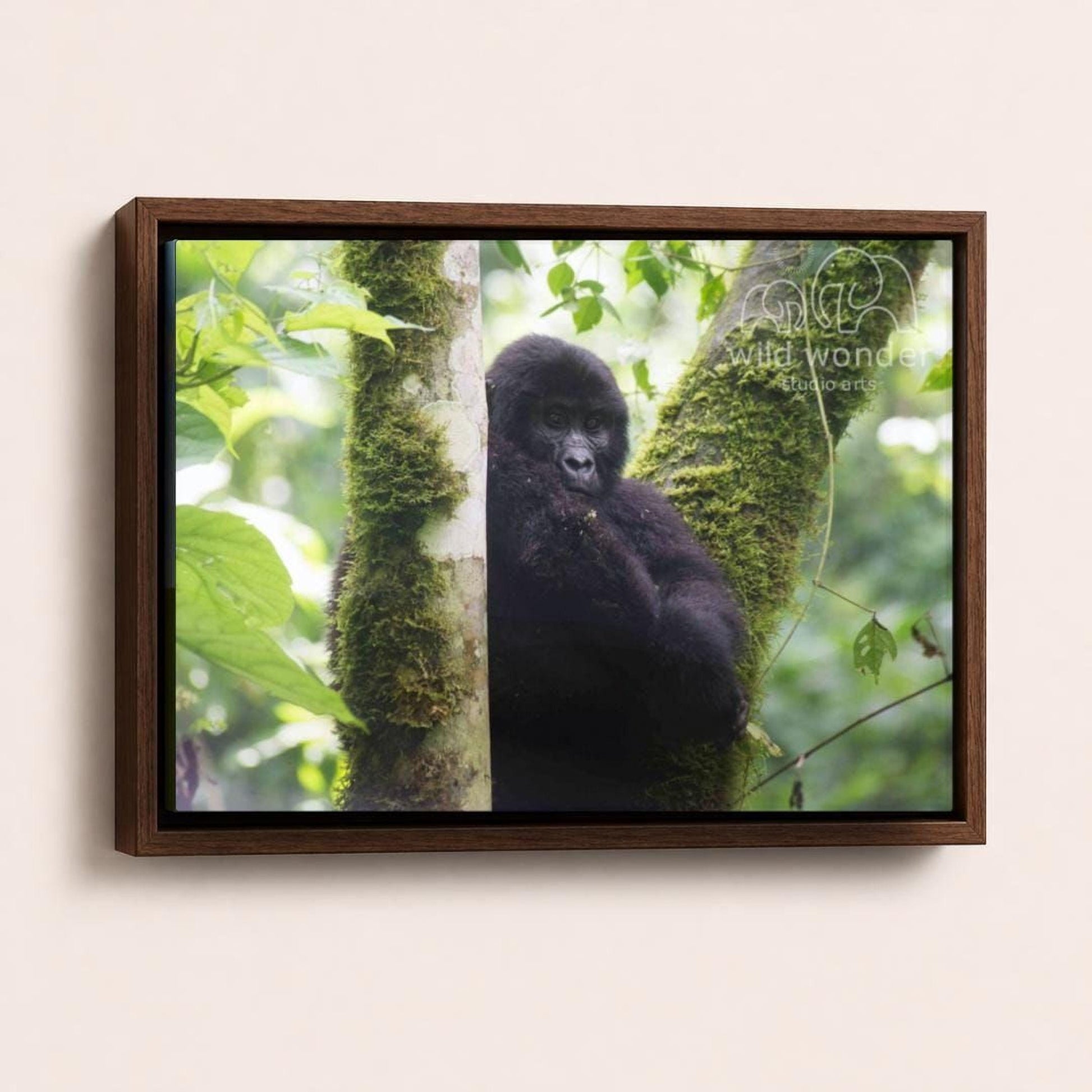 A black gorilla is sitting on a mossy tree trunk in a lush, green forest environment.