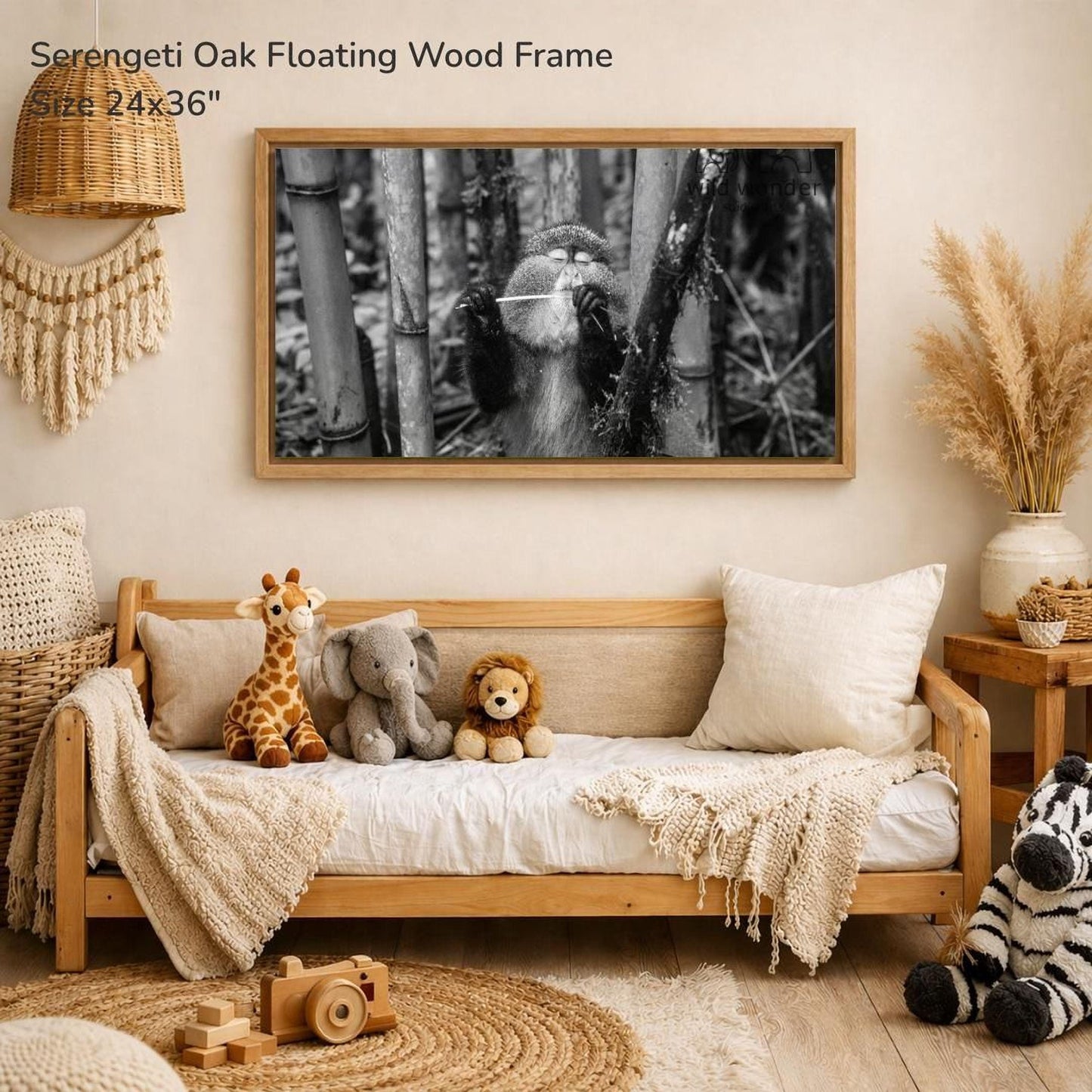 a cozy living room with a wooden sofa adorned with stuffed animals, including a giraffe, elephant, lion, and zebra. Above the sofa, a framed black and white photograph of a monkey is hanging on the wall. The room has a rustic, natural aesthetic with a woven basket and a woven rug, creating a warm and inviting atmosphere.