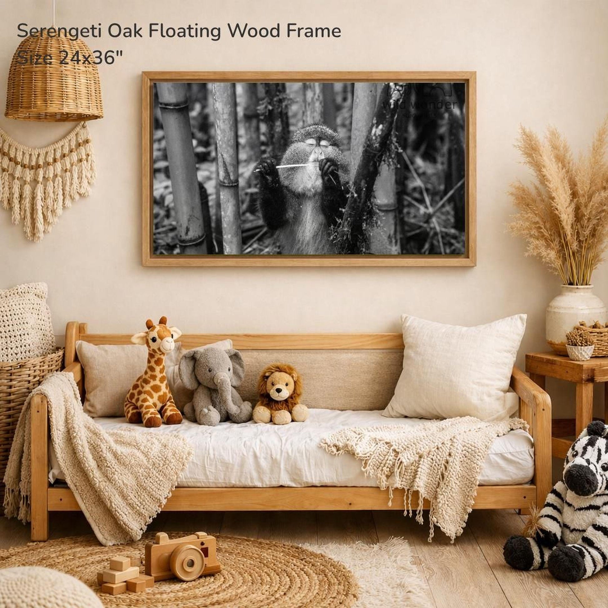 a cozy living room with a wooden sofa adorned with stuffed animals, including a giraffe, elephant, lion, and zebra. Above the sofa, a framed black and white photograph of a monkey is hanging on the wall. The room has a rustic, natural aesthetic with a woven basket and a woven rug, creating a warm and inviting atmosphere.