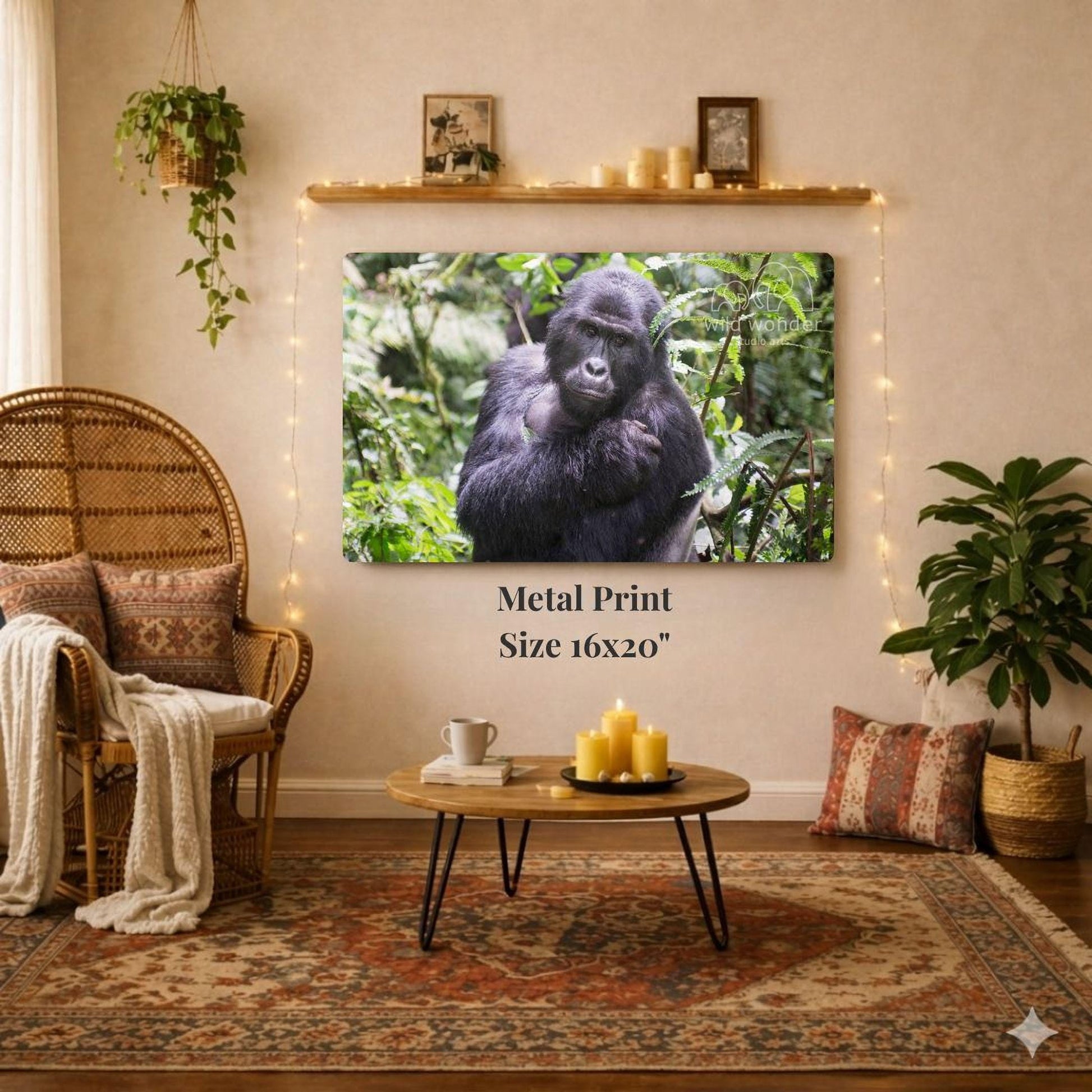 a large metal print of a gorilla in a lush, green forest, hanging on a wall in a cozy living room setting.