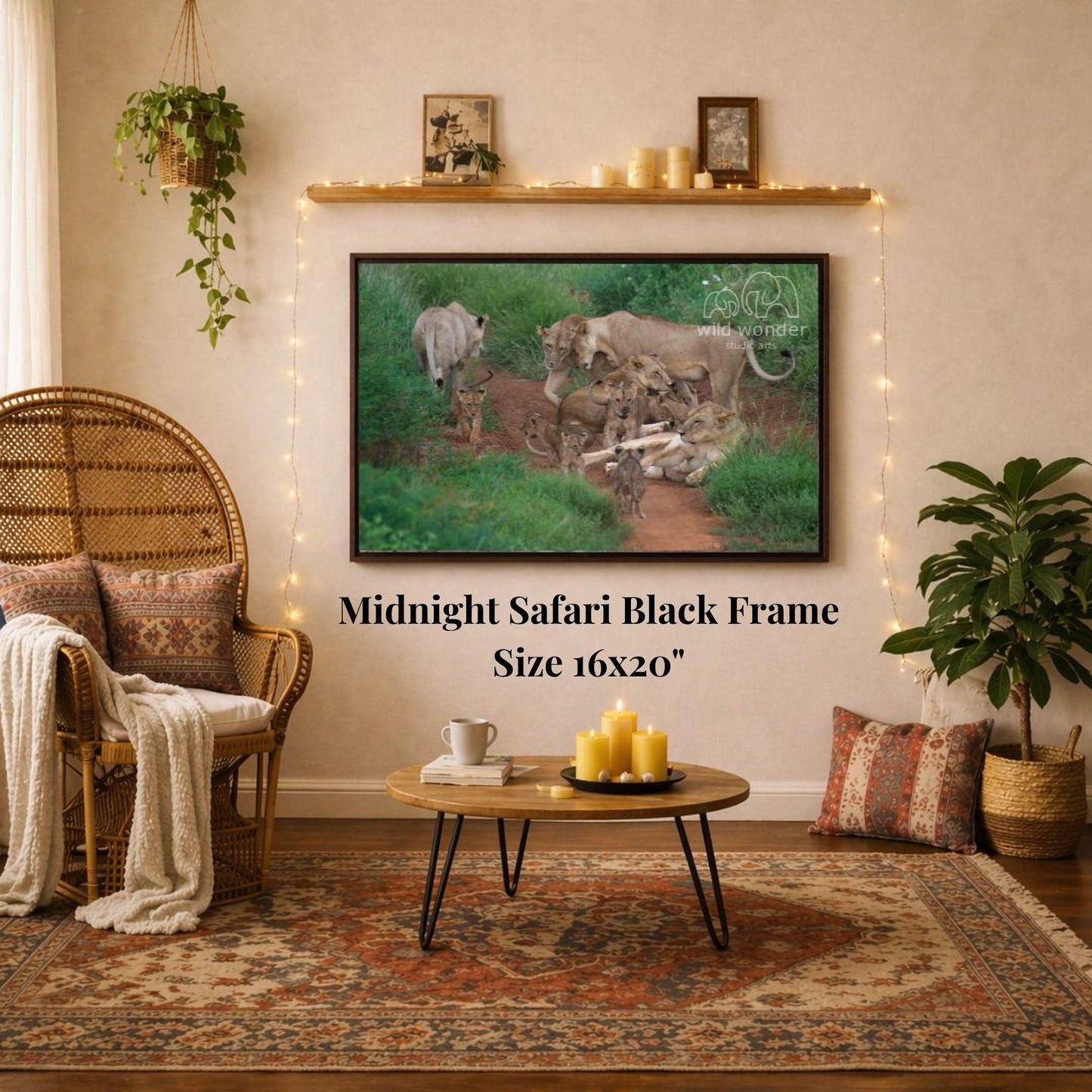 a living room with a large framed photograph of a safari scene hanging on the wall. The photograph is a black frame with a 16x20" size. The room is decorated with a wicker chair, a coffee table, and a potted plant. The overall setting appears to be a cozy and comfortable living space.