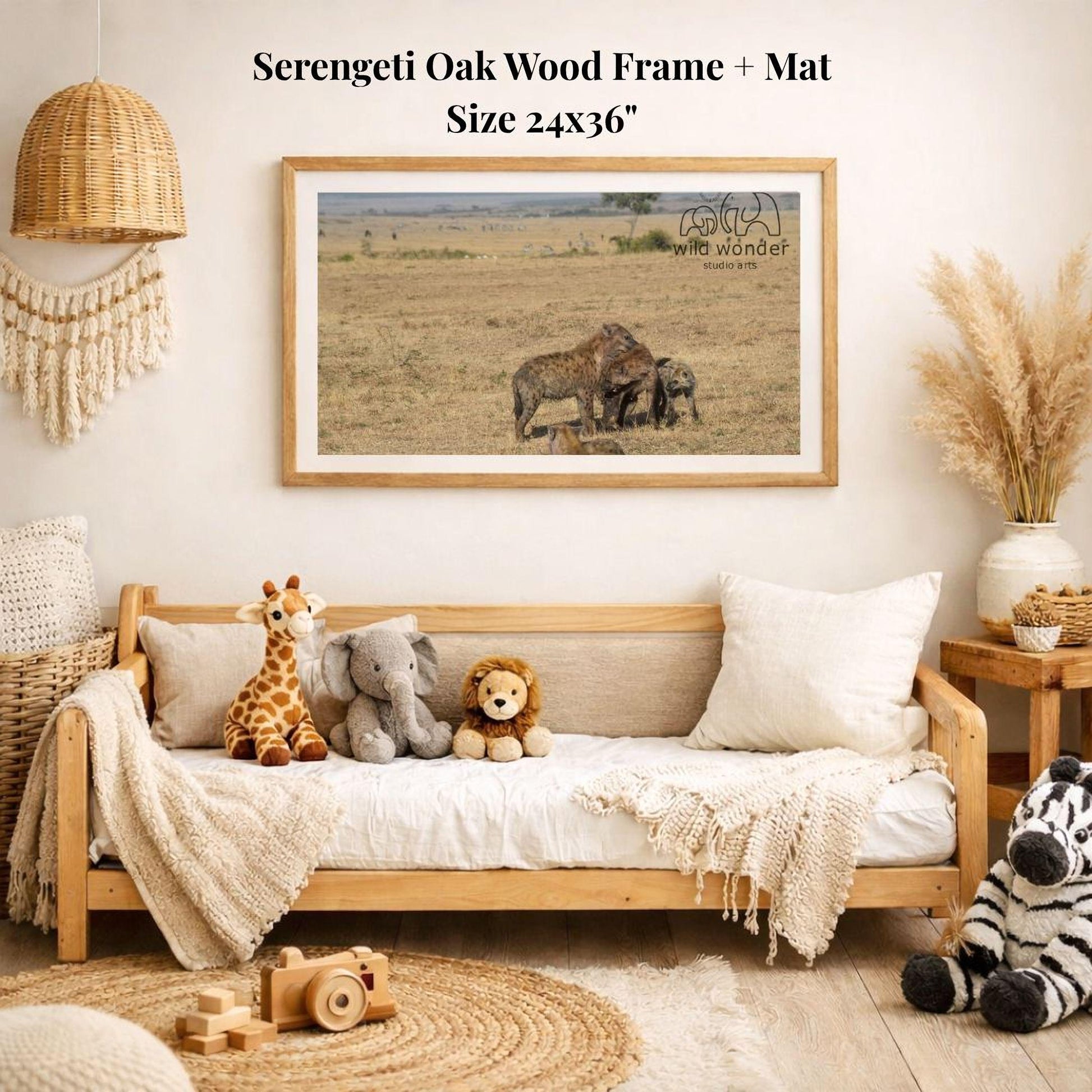a serene indoor setting with a wooden frame and mat hanging on the wall, displaying a photograph of a serene outdoor scene with a wild animal. The frame is surrounded by various stuffed animals, including a giraffe, elephant, lion, and zebra, creating a cozy and playful atmosphere.