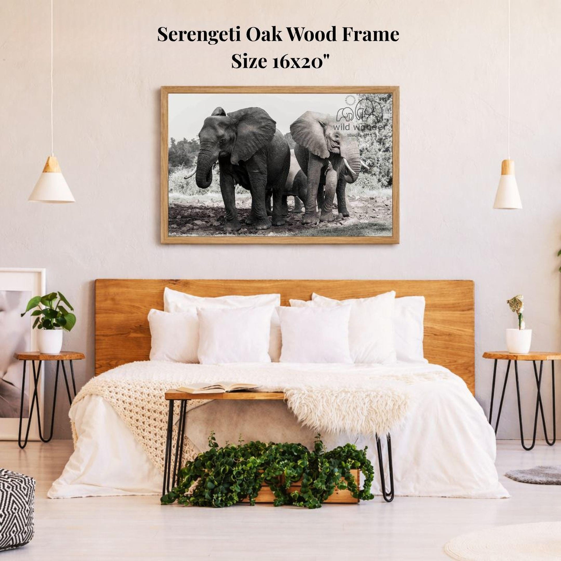 a serene bedroom scene with a large framed photograph of two elephants on the wall above a bed with white bedding.