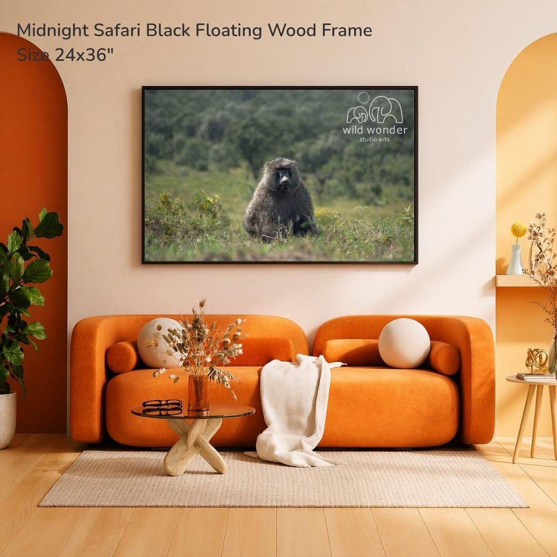 a large black floating wood frame hanging on a wall, displaying a photograph of a baboon in a grassy field. The room has an orange sofa, a glass coffee table, and a potted plant, creating a cozy and inviting atmosphere.