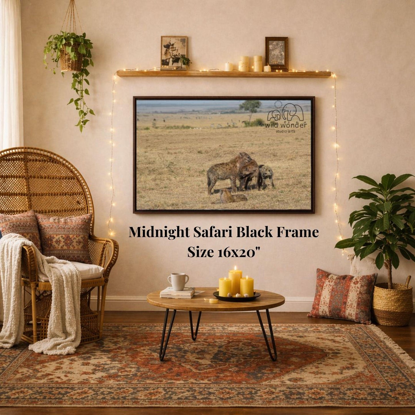 a living room with a large framed photograph of two elephants in a savanna scene hanging on the wall. The photograph is mounted on a black frame, and the text "Midnight Safari Black Frame" is displayed below it. The room also includes a wicker chair, a coffee table, and various decorative elements such as a potted plant and a woven basket.
