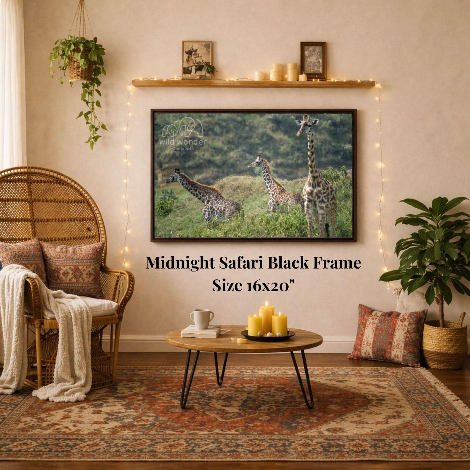 a living room with a large framed photograph of three giraffes in a natural setting hanging on the wall. The photograph is framed in a black frame and is 16x20 inches in size. The room has a cozy and inviting atmosphere, with a wicker chair, a coffee table, and a potted plant. The overall scene appears to be a comfortable and relaxing space for enjoying the natural beauty of the giraffes.