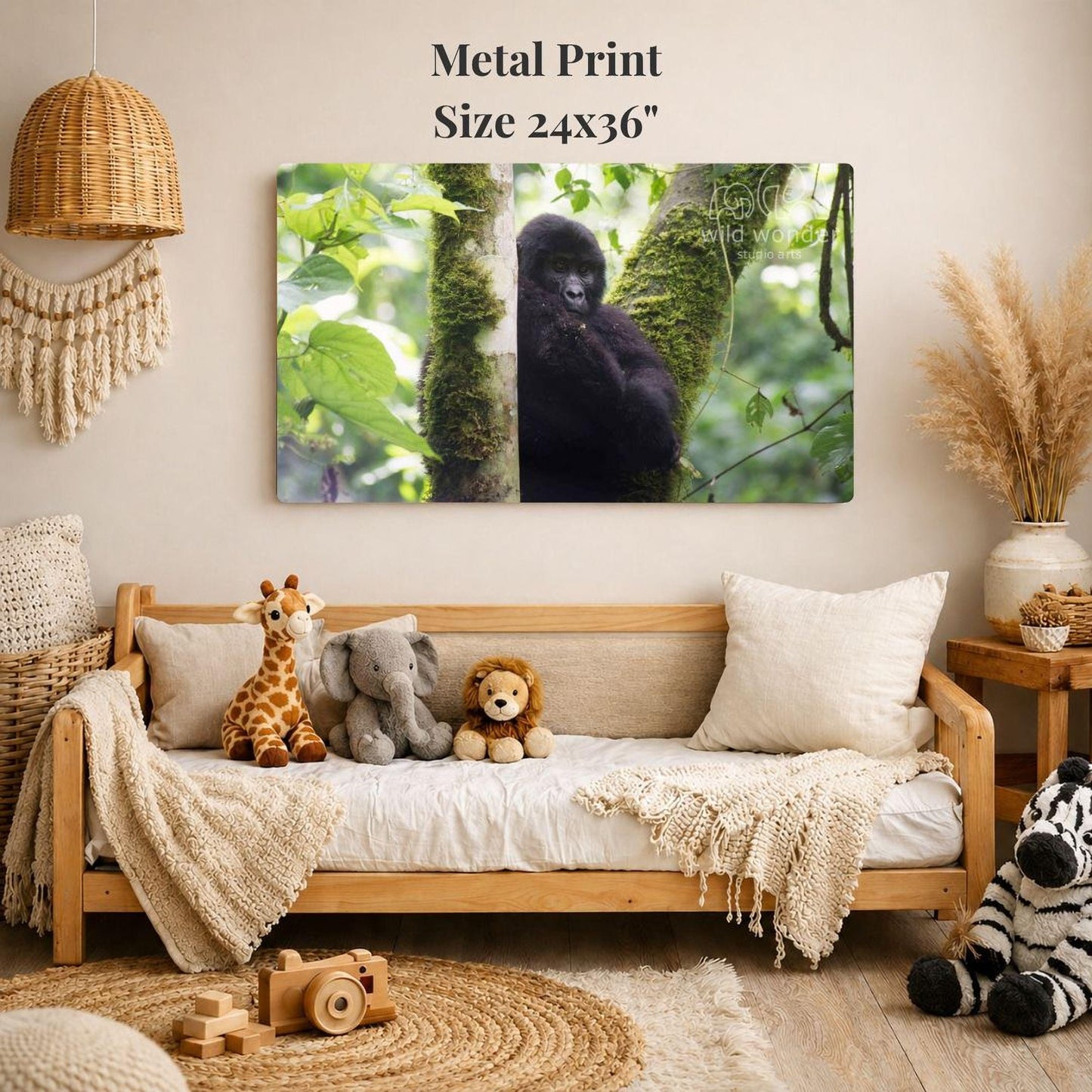 a cozy living room with a large metal print of a black gorilla sitting on a tree branch hanging on the wall. The room is decorated with various stuffed animals, including a giraffe, an elephant, and a lion, as well as a woven basket and a potted plant.