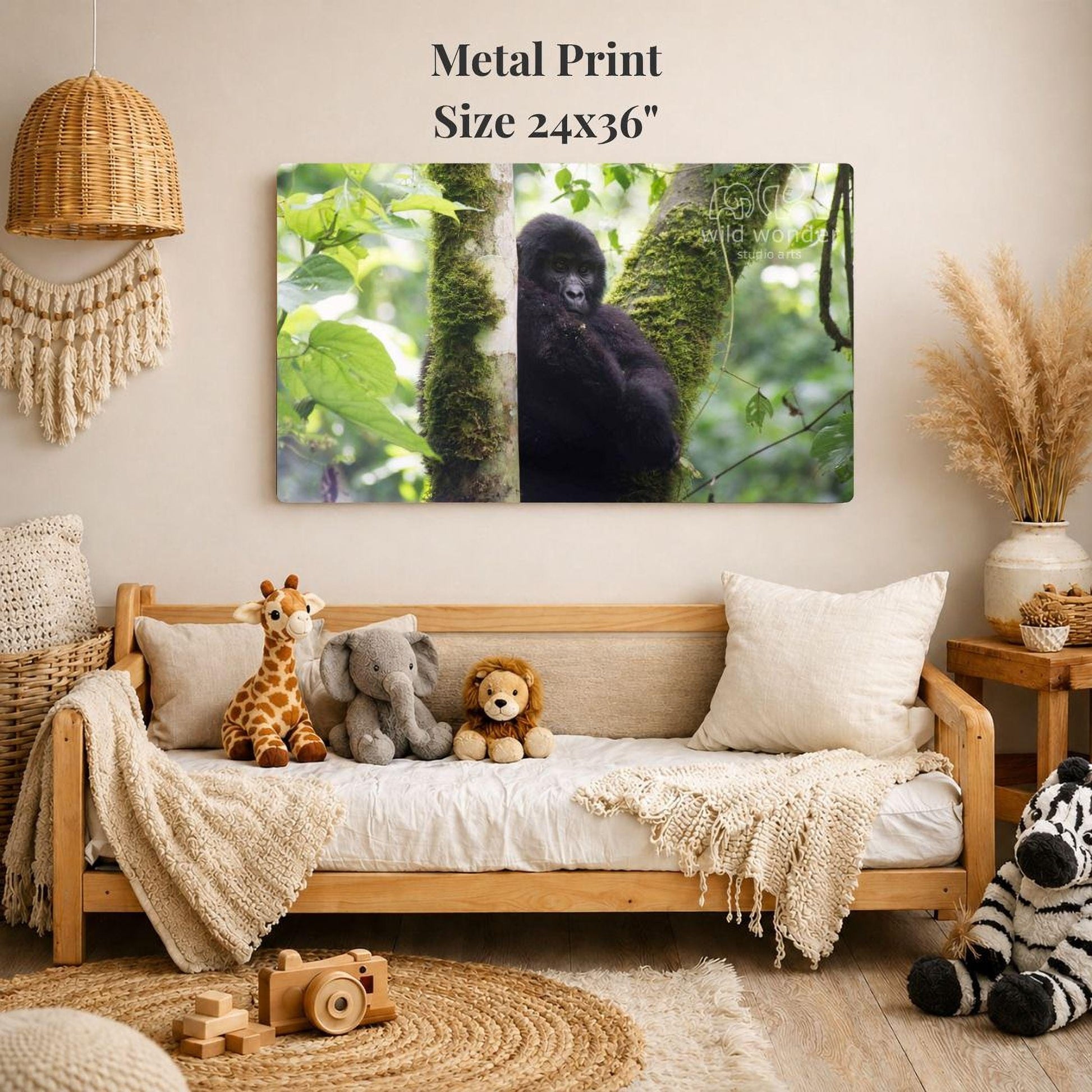 a cozy living room with a large metal print of a black gorilla sitting on a tree branch hanging on the wall. The room is decorated with various stuffed animals, including a giraffe, an elephant, and a lion, as well as a woven basket and a potted plant.