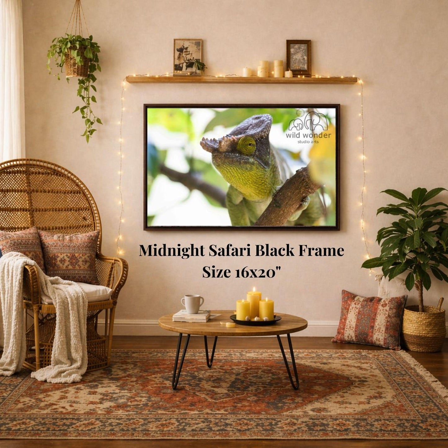 a living room with a large framed photograph of a chameleon hanging on the wall. The photograph is in a black frame and is 16x20 inches in size. The room is decorated with a wicker chair, a coffee table, and a potted plant. The overall atmosphere of the room appears to be cozy and inviting.
