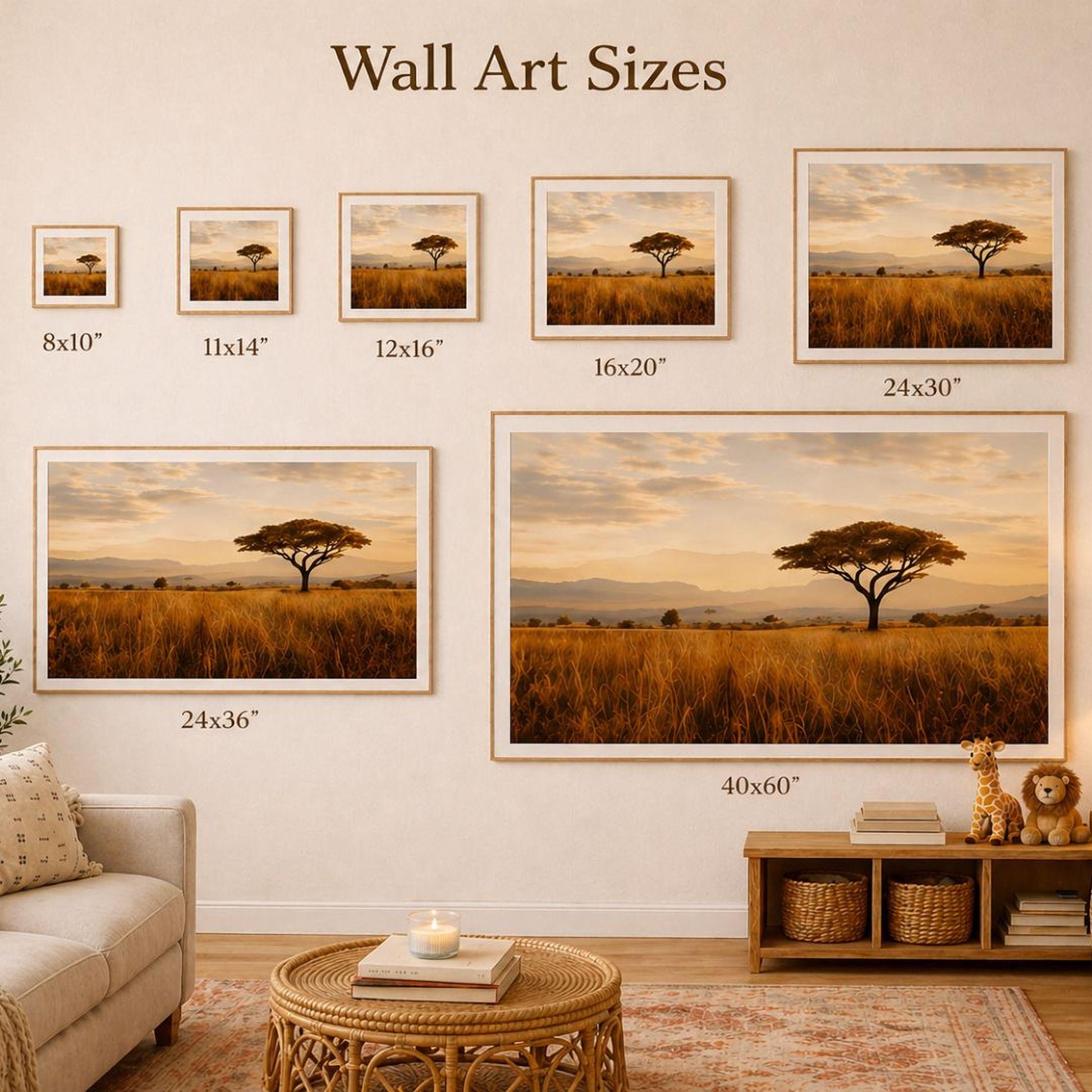 a collection of wall art sizes, including a large framed picture of a tree in a field, smaller framed pictures, and a large framed picture of a tree in a field. The wall art sizes range from 8x10" to 24x36" and are organized in a grid format.