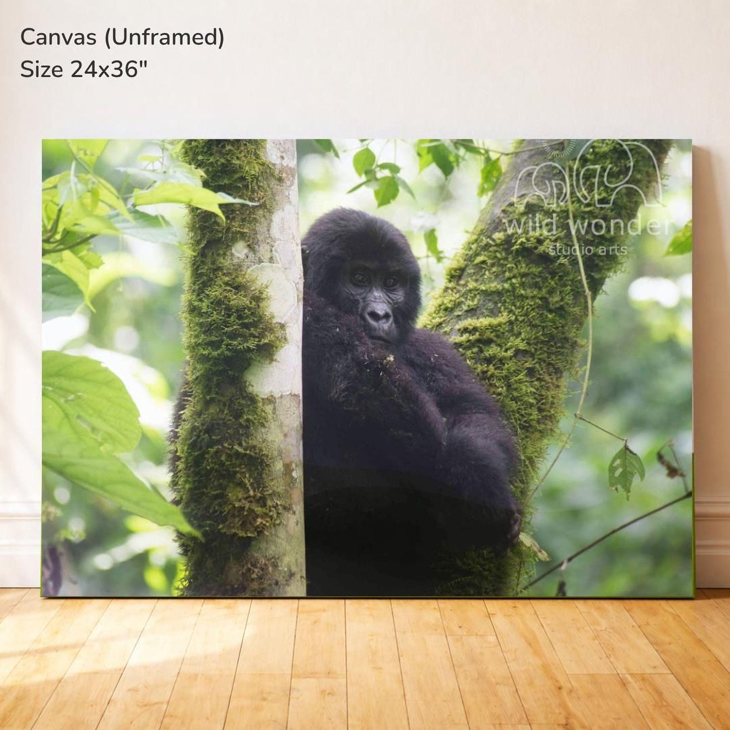 A young gorilla is sitting on a mossy tree branch, surrounded by lush green foliage.