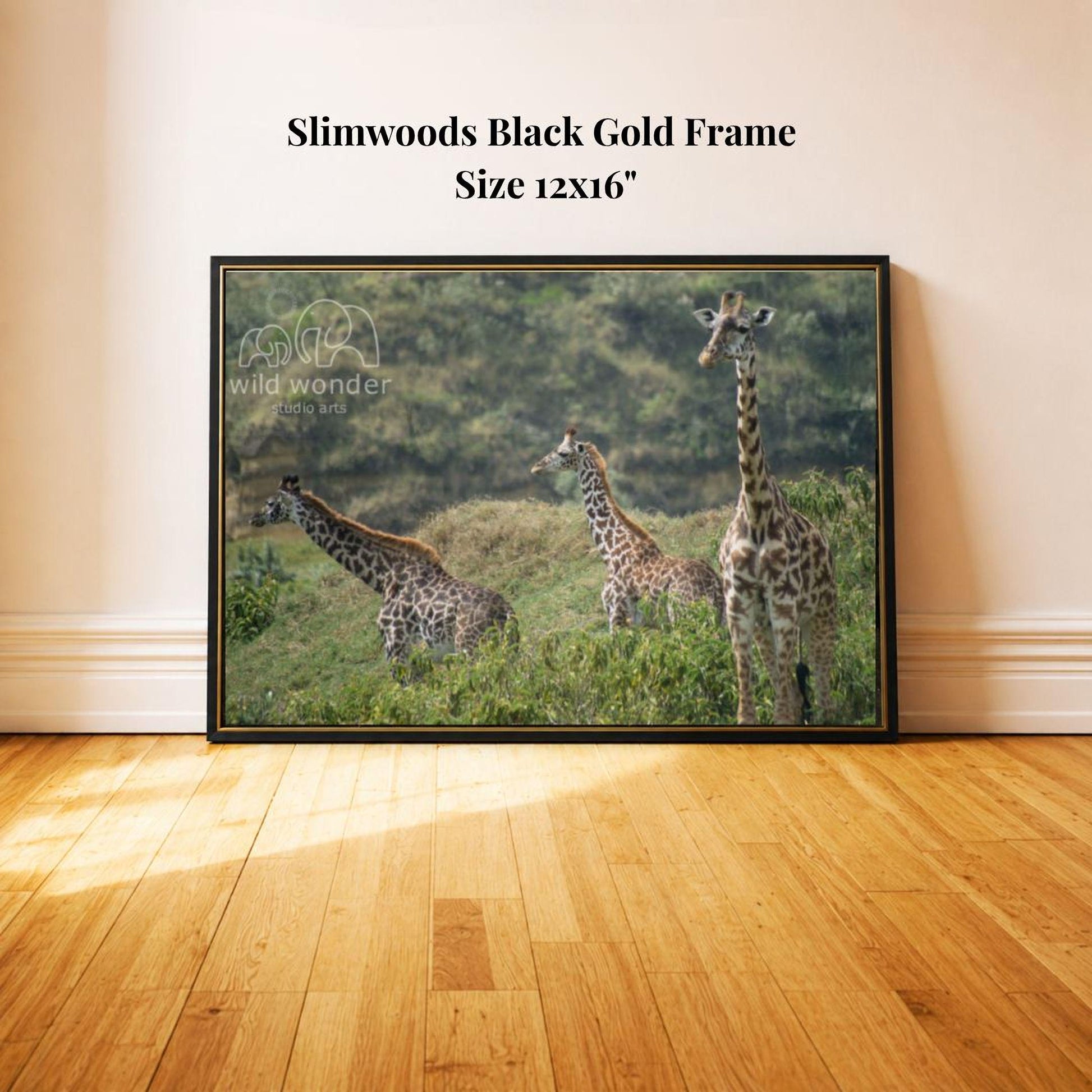 A framed photograph of three giraffes in a grassy field, with a black gold frame.